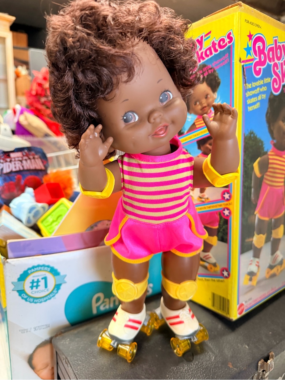 Baby Skates Doll in Pink Stripe Outfit with Yellow Roller Skates - Baby Skates
